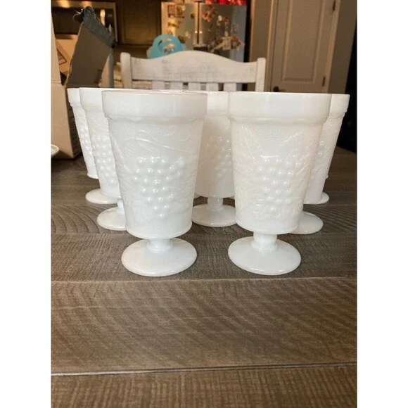 Vintage footed milk glass goblet cups with grapes and vine design - Picture 1 of 12